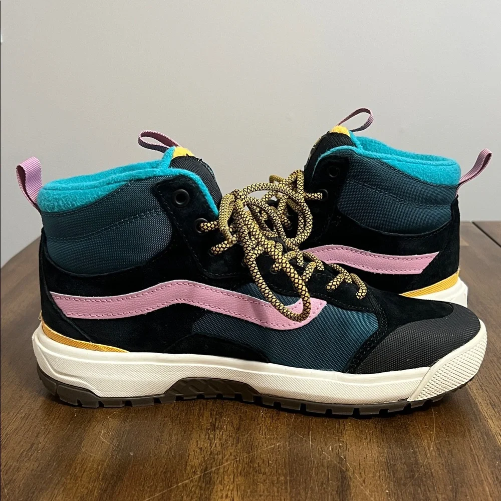 Vans High-Top Sneakers in Black, Pink, Teal & Yellow
